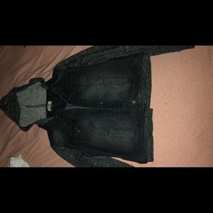 Dark wash jean jacket with hood
